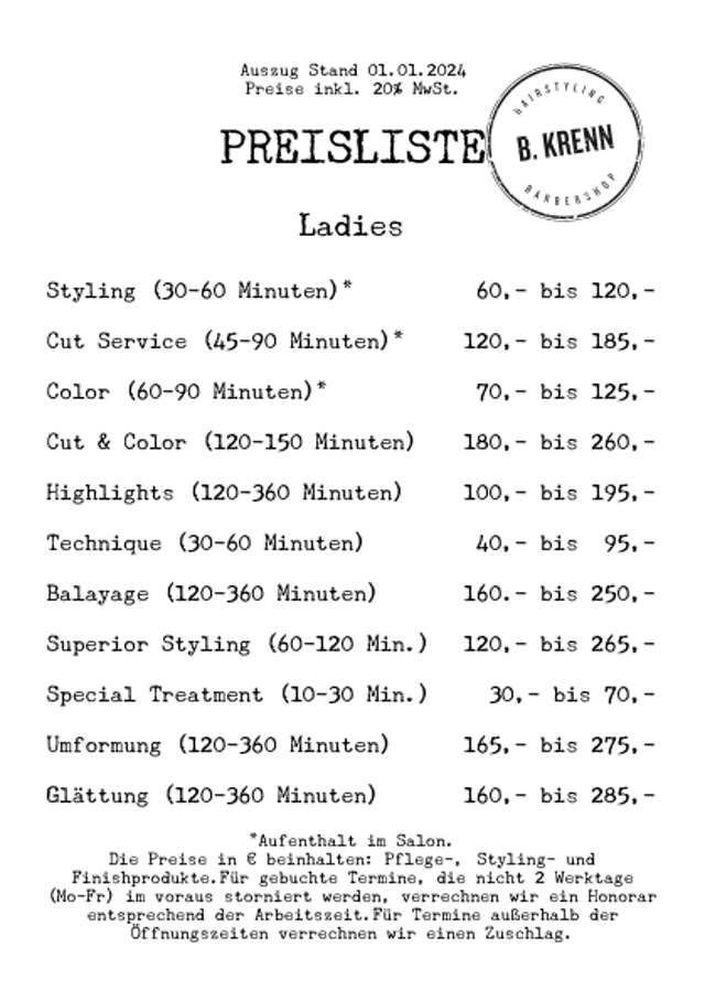 PREISLISTE BK 01.01.2024 Ladies